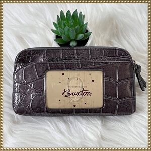 NWT Buxton Leather Wallet Organizer Metallic Gray Snakeskin